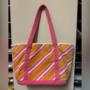 Vintage Bath & Body works pink orange and white striped tote bag with pockets